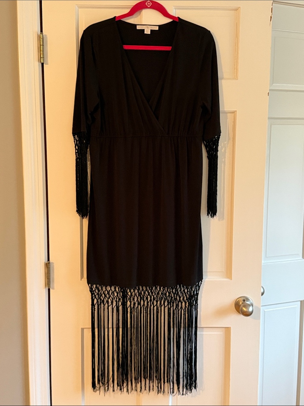 Boston Proper Black Fringe V-Neck Dress sz L